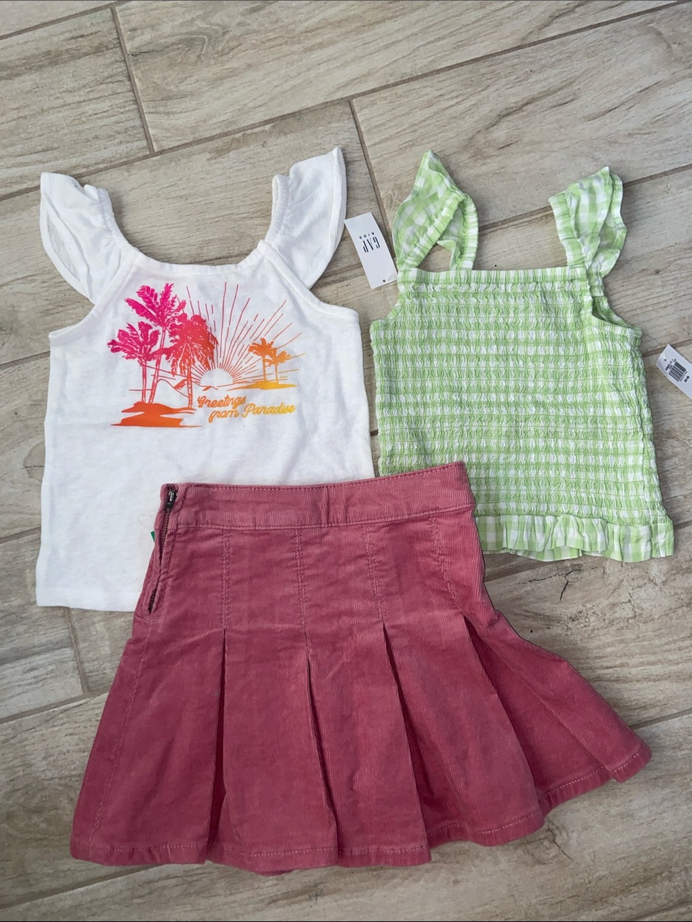 Gap Girls XS Outfit Sets Pink Corduroy Pleated Skirt Green Roughed Top Shirt